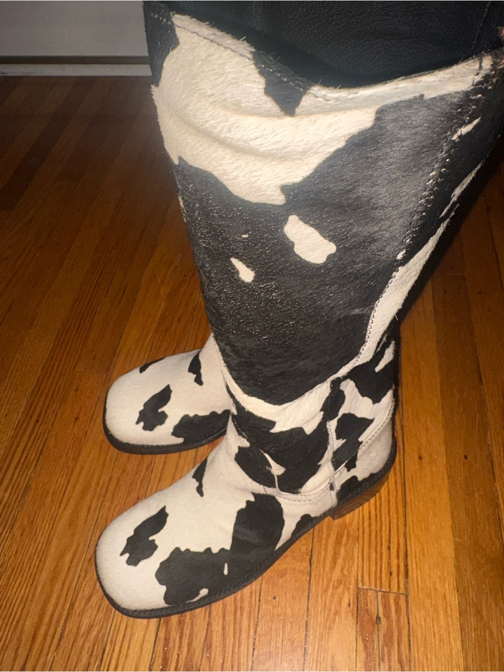 Cow Print Knee-High Boots - Black & White
